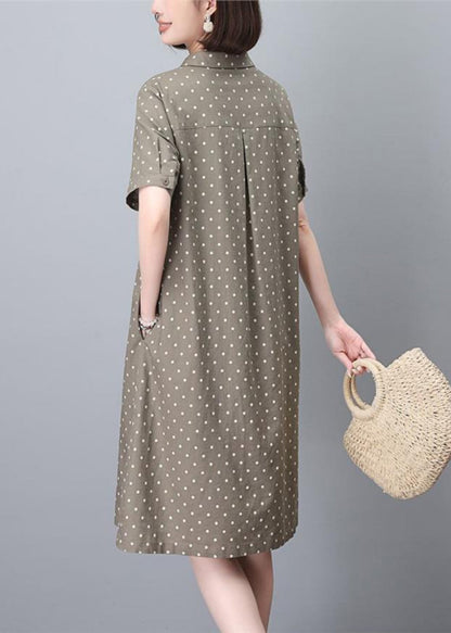 Women Dress Summer Work Peter Pan Dot Collar Print Khaki