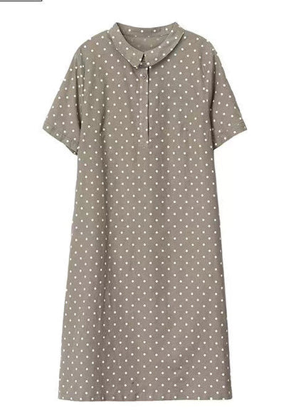 Women Dress Summer Work Peter Pan Dot Collar Print Khaki