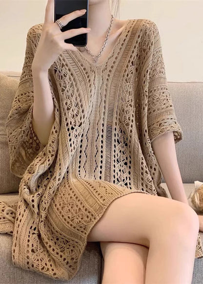 Tops Khaki Knit Half Sleeve V Neck Out Hollow Women