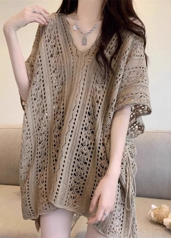 Tops Khaki Knit Half Sleeve V Neck Out Hollow Women