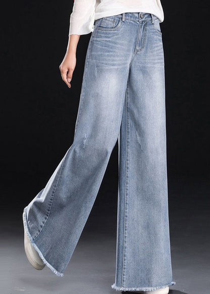 Blue Summer Light Tasseled Women Straight Pants Denim