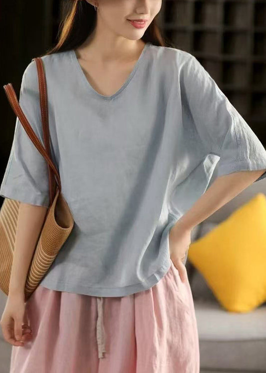 Blue Light T Sleeve Linen Neck Half Women Solid Shirt V