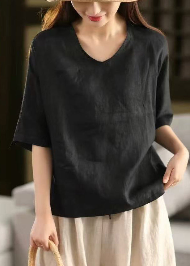 Blue Light T Sleeve Linen Neck Half Women Solid Shirt V