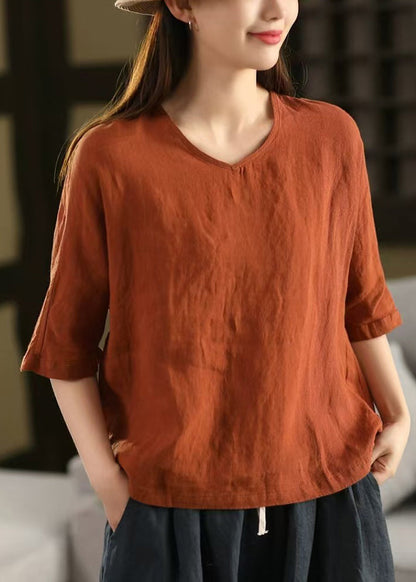 Blue Light T Sleeve Linen Neck Half Women Solid Shirt V