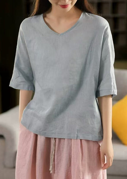 Blue Light T Sleeve Linen Neck Half Women Solid Shirt V