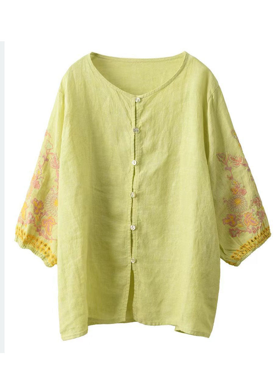 Linen Bracelet Sleeve Women Green Embroidered Light Shirts