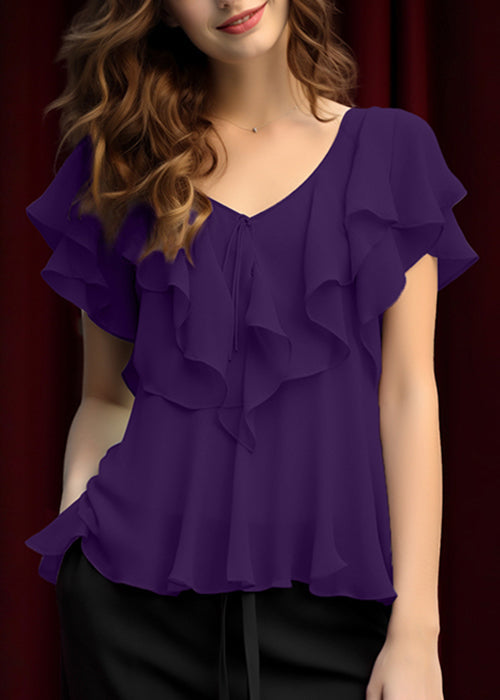 Summer Women Chiffon Top Grey Light Ruffled Up Lace