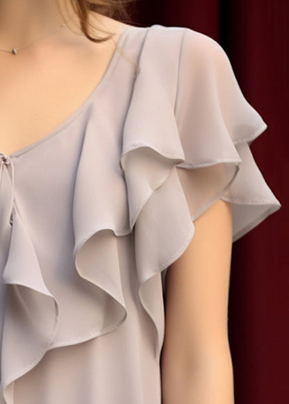 Summer Women Chiffon Top Grey Light Ruffled Up Lace