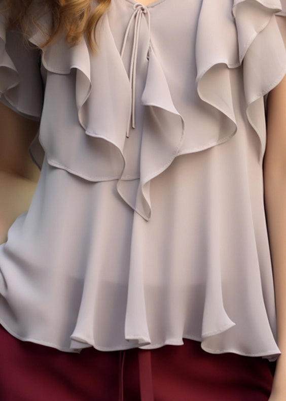 Summer Women Chiffon Top Grey Light Ruffled Up Lace