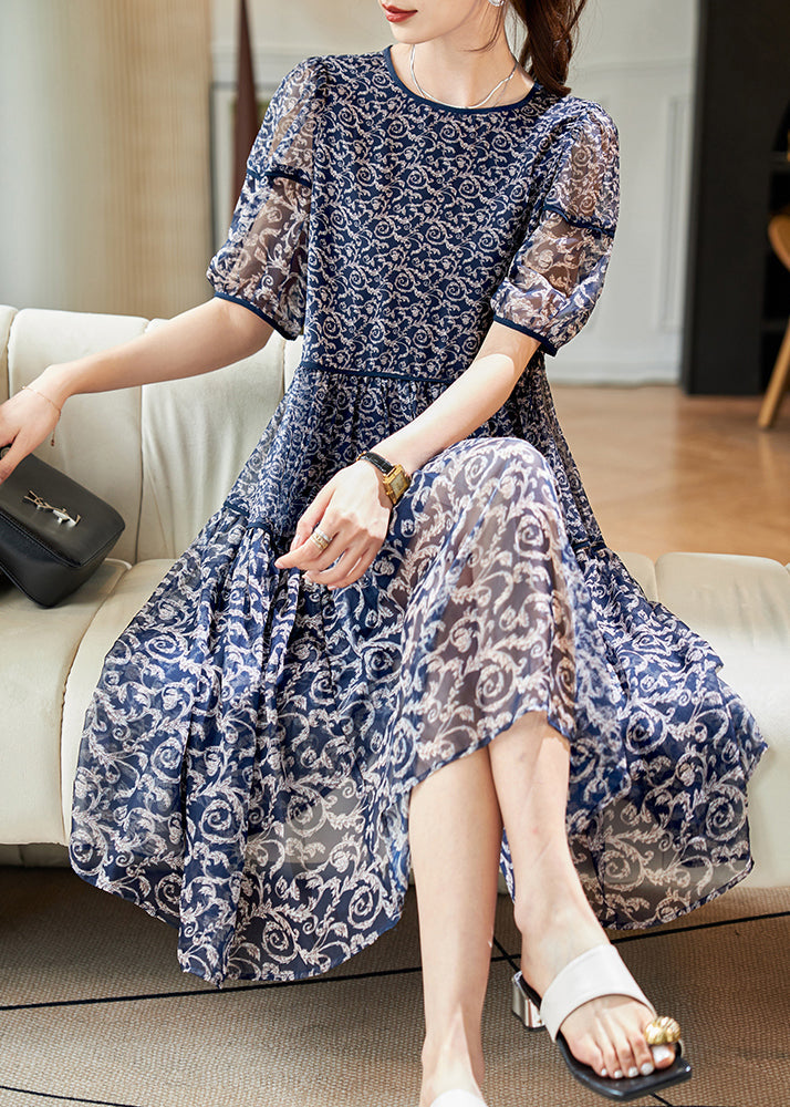 Chiffon Patchwork Women Print Neck Summer O Dresses Navy