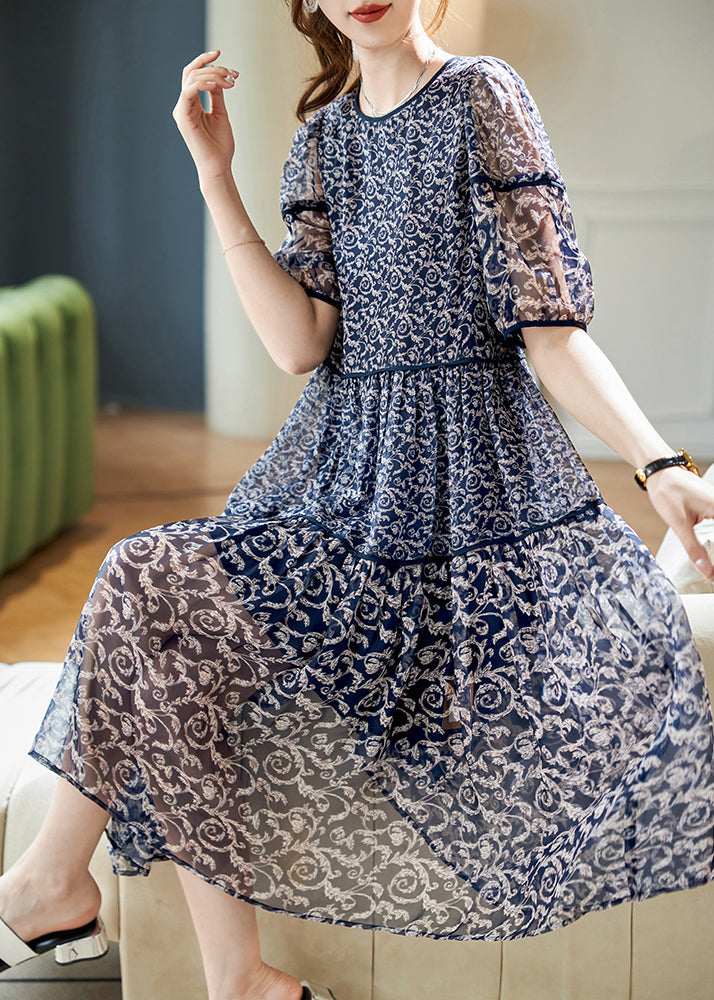 Chiffon Patchwork Women Print Neck Summer O Dresses Navy