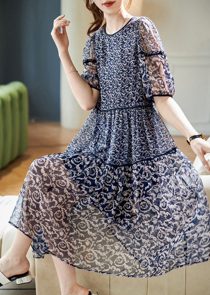 Chiffon Patchwork Women Print Neck Summer O Dresses Navy