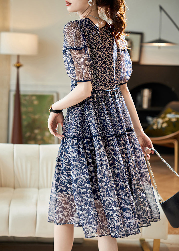 Chiffon Patchwork Women Print Neck Summer O Dresses Navy