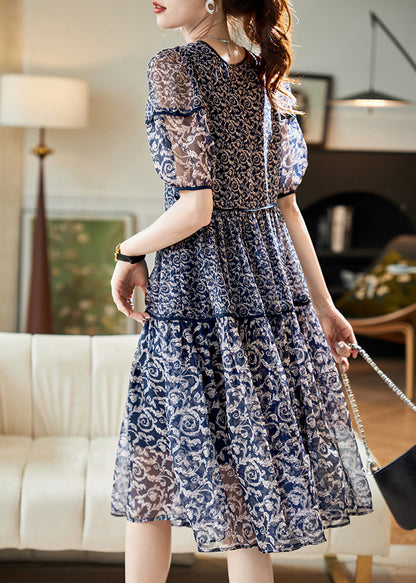 Chiffon Patchwork Women Print Neck Summer O Dresses Navy