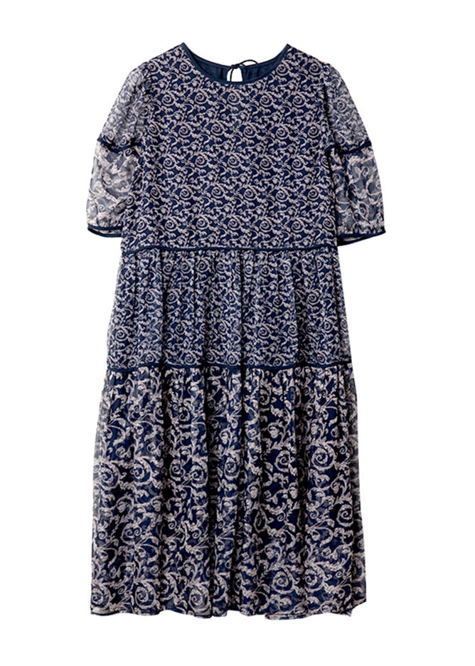Chiffon Patchwork Women Print Neck Summer O Dresses Navy