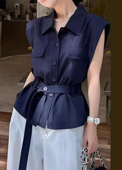 Pan Women Sleeveless Navy Peter Button Cotton Shirt Collar