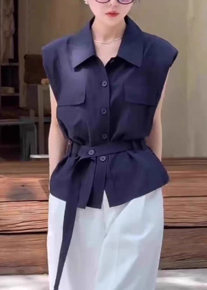 Pan Women Sleeveless Navy Peter Button Cotton Shirt Collar
