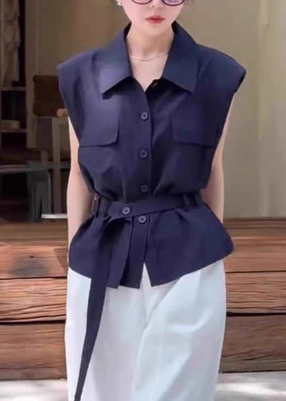 Pan Women Sleeveless Navy Peter Button Cotton Shirt Collar