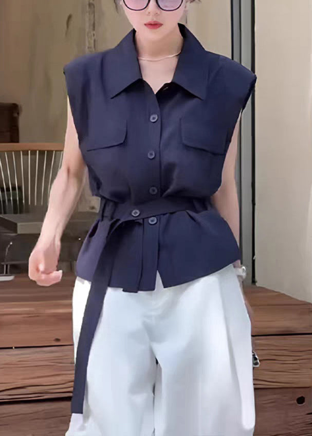 Pan Women Sleeveless Navy Peter Button Cotton Shirt Collar