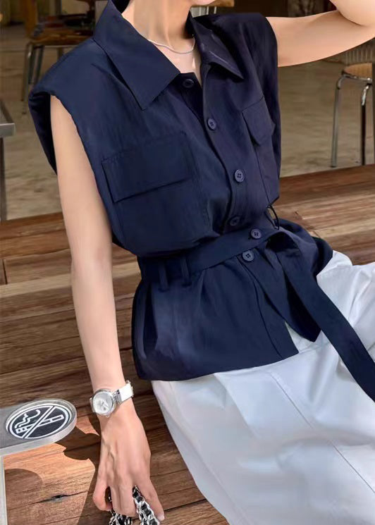 Pan Women Sleeveless Navy Peter Button Cotton Shirt Collar