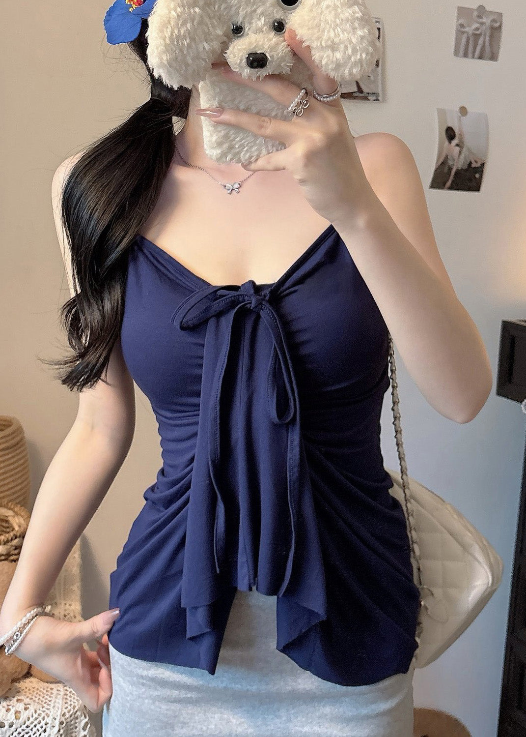 Women Summer Navy Cotton Beach Fit Vest Silm