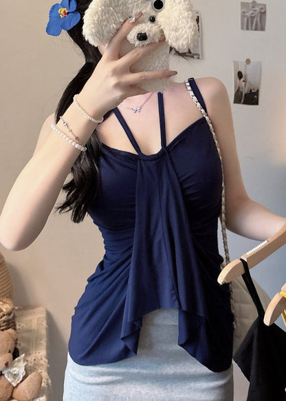 Women Summer Navy Cotton Beach Fit Vest Silm