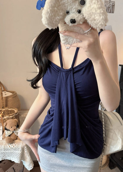 Women Summer Navy Cotton Beach Fit Vest Silm