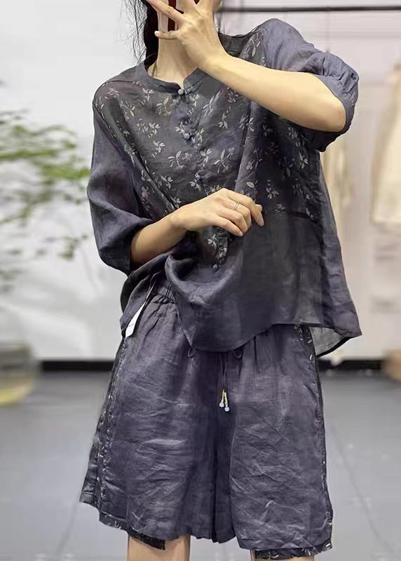 Women Navy Stand Collar Print Cotton 2 Piece Outfit Summer QK011