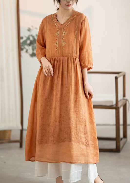 Women Summer Embroidered Orange Linen Patchwork Dresses