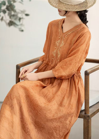 Women Summer Embroidered Orange Linen Patchwork Dresses