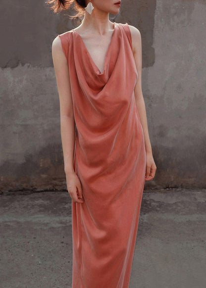 Orange Women Dresses Up Solid Sleeveless Lace Long Silk