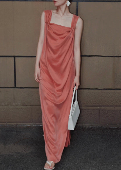 Orange Women Dresses Up Solid Sleeveless Lace Long Silk