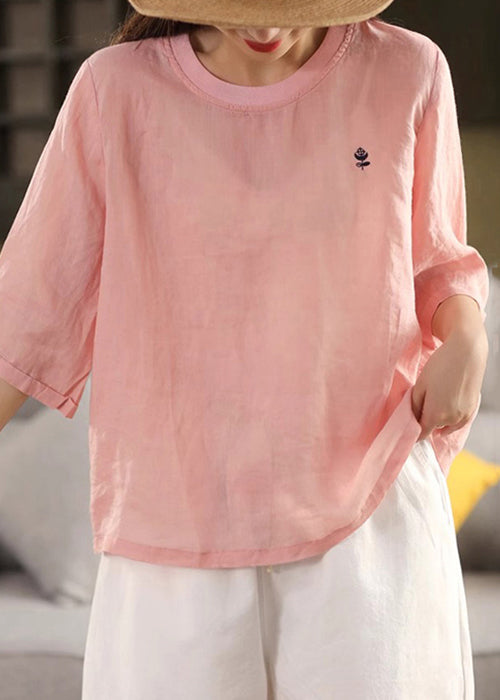 Shirts Women Orange O Solid Neck Linen Half Sleeve T