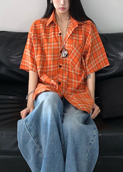 Top Orange Summer Plaid Women Oversized Cotton