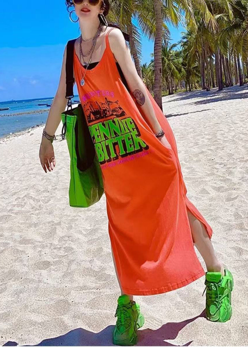 Orange Cotton Oversized Summer Women Print Vacation Sundresses
