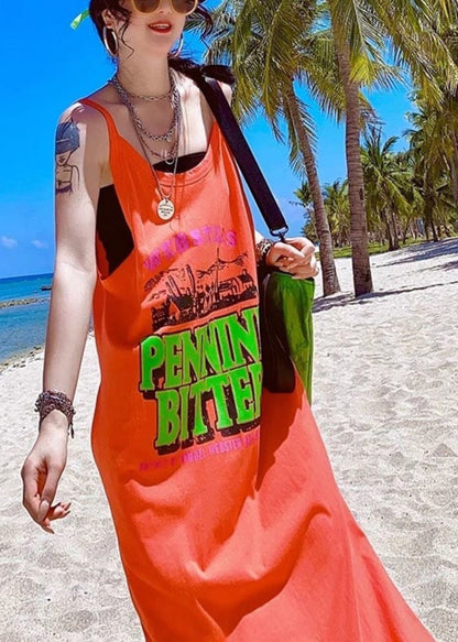 Orange Cotton Oversized Summer Women Print Vacation Sundresses