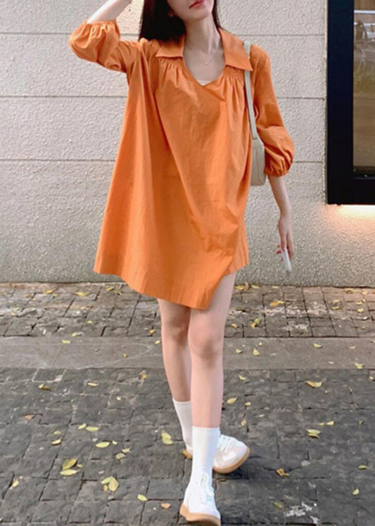 Women Peter Wrinkled Dresses Shirts Orange Cotton Pan Collar