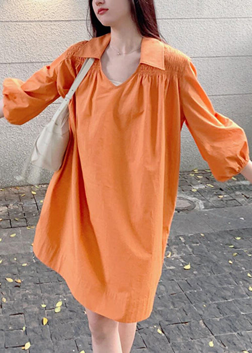 Women Peter Wrinkled Dresses Shirts Orange Cotton Pan Collar