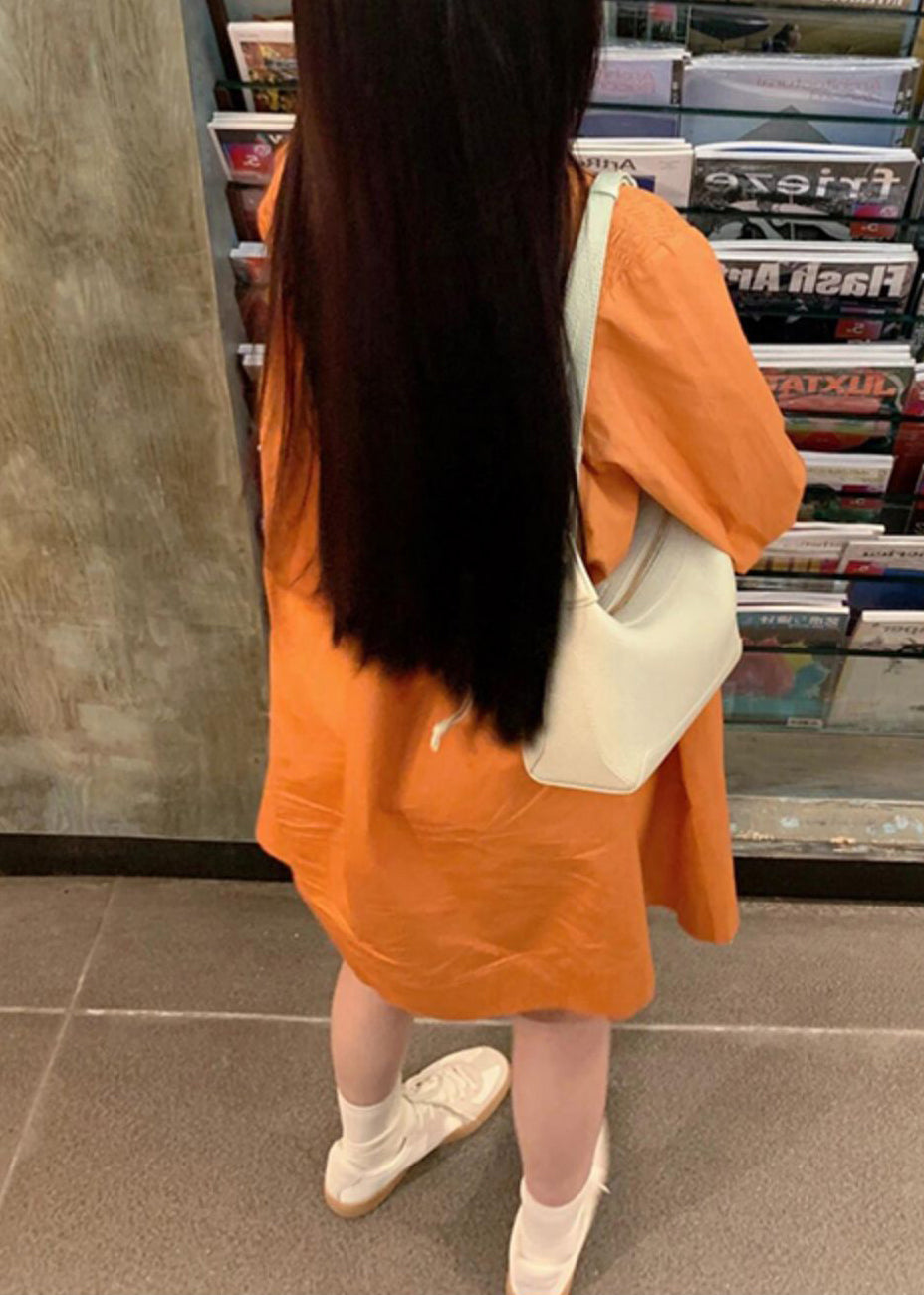 Women Peter Wrinkled Dresses Shirts Orange Cotton Pan Collar