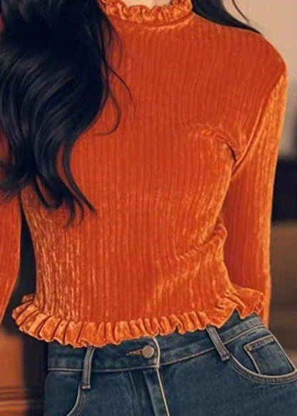 Orange T Velour Spring Ruffled Shirts Solid Silk Women