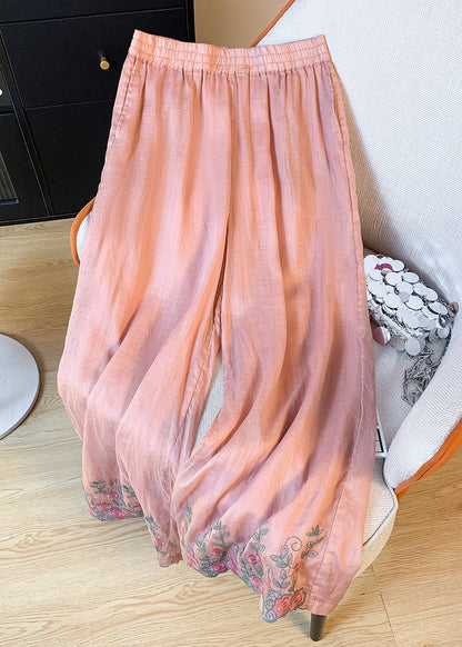 Summer Leg Embroidered Linen Waist Women Wide Pink Pants Elastic