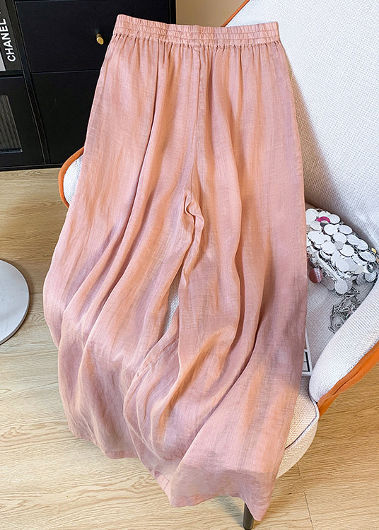 Summer Leg Embroidered Linen Waist Women Wide Pink Pants Elastic