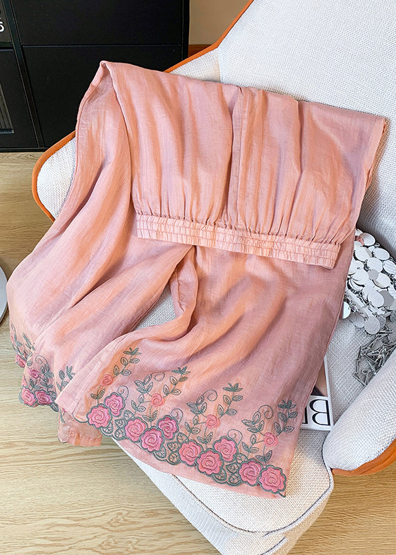 Summer Leg Embroidered Linen Waist Women Wide Pink Pants Elastic