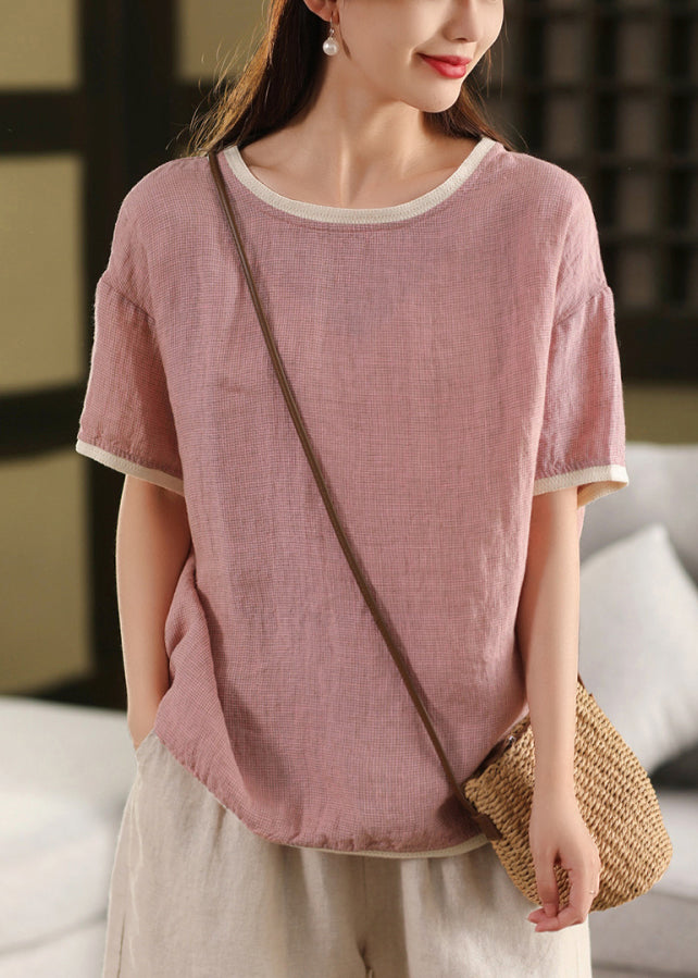 Summer T Pink Linen Patchwork Neck Shirts Women O