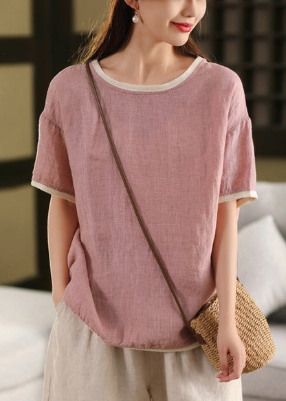 Summer T Pink Linen Patchwork Neck Shirts Women O