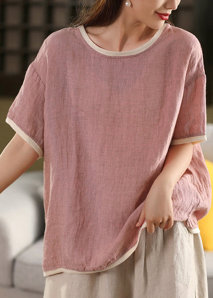 Summer T Pink Linen Patchwork Neck Shirts Women O
