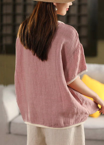 Summer T Pink Linen Patchwork Neck Shirts Women O
