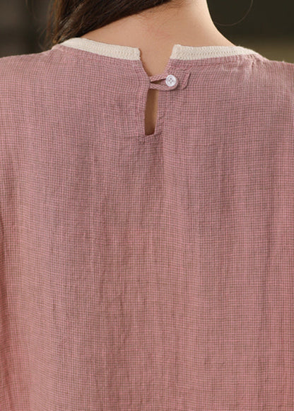Summer T Pink Linen Patchwork Neck Shirts Women O