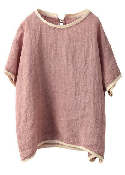 Summer T Pink Linen Patchwork Neck Shirts Women O