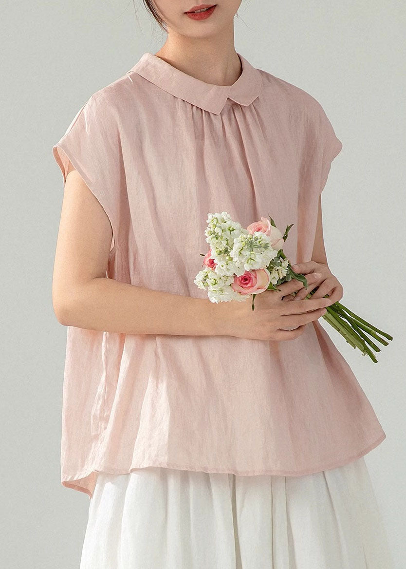 Cotton Button Women Solid Pink Collar Summer Peter Pan Shirt